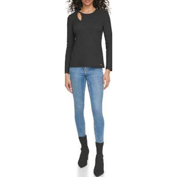 Calvin Klein Womens Cut Out Blouse S Black NWT Shirt Top Minimalist Career Work - Picture 4 of 11